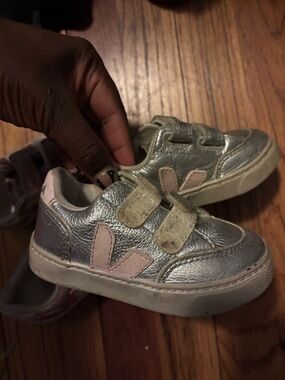 Veja Kids Silver Sneakers with Pink V Logo